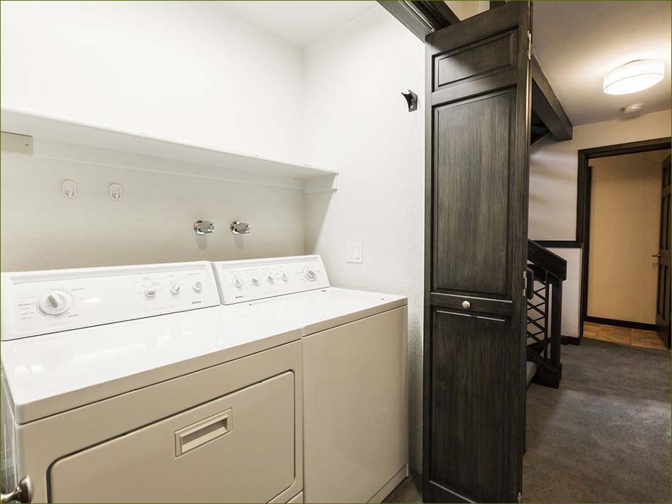 Laundry room with full sized washer and dryer, fabric softener and detergent stocked.